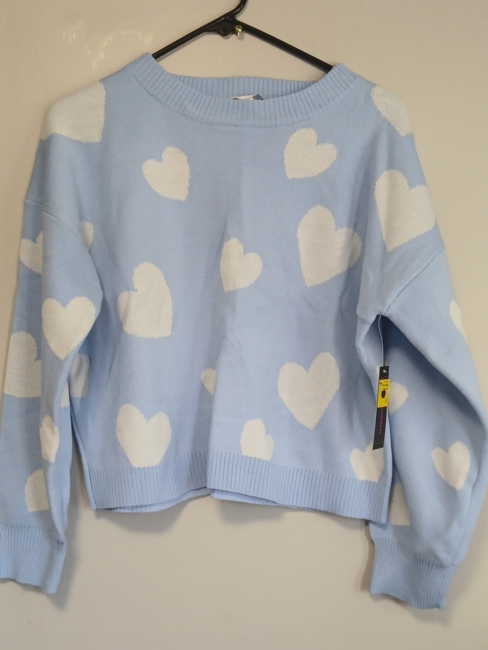No Boundaries Light Blue Heart Print Crewneck Sweater